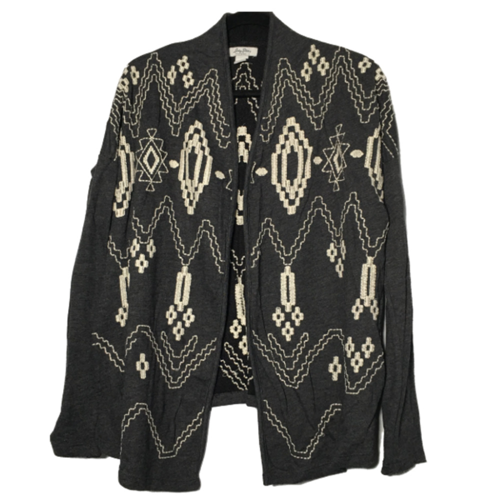 Lucky Bliss Lucky Brand Gray Embroidered Draped Open Cardigan Sweater Size Small